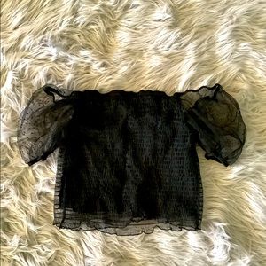 Ambiance | Black Puff-sleeved Smocked Blouse Top For Women - Size: M